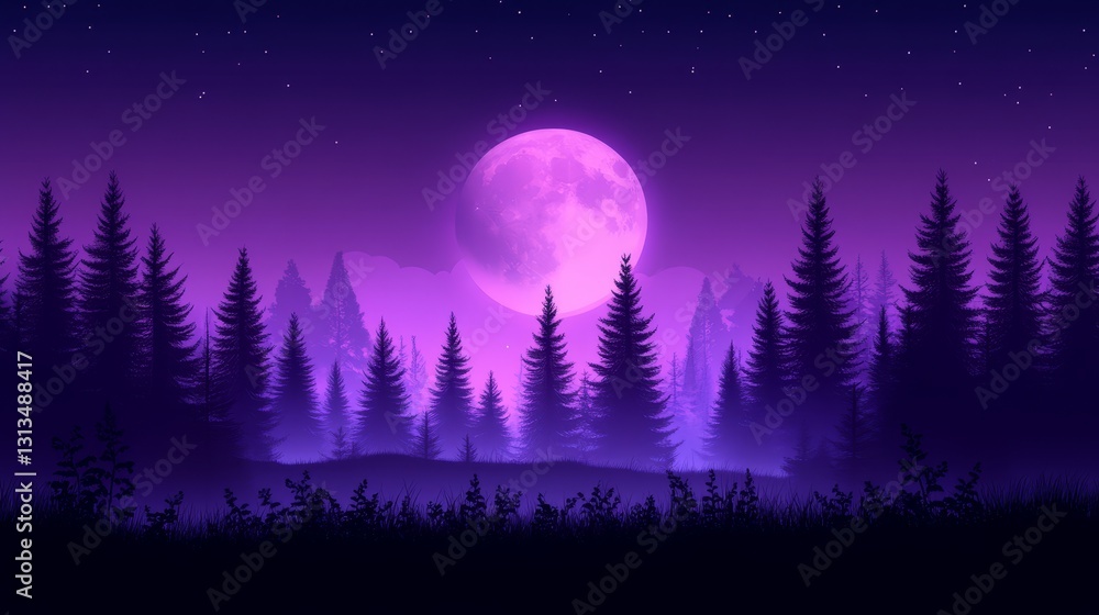 Fototapeta premium Enigmatic lunar glow illuminates a tranquil pixelated forest canvas evoking serene mystical artistry and captivating nature fantasy