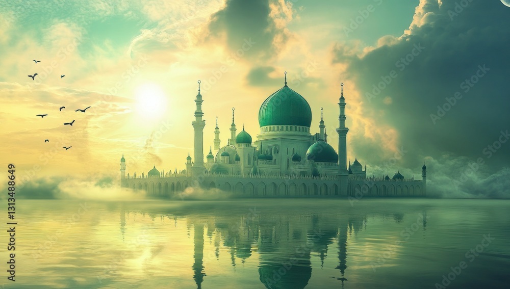 Fototapeta premium Majestic mosque floating on a misty lake at sunrise