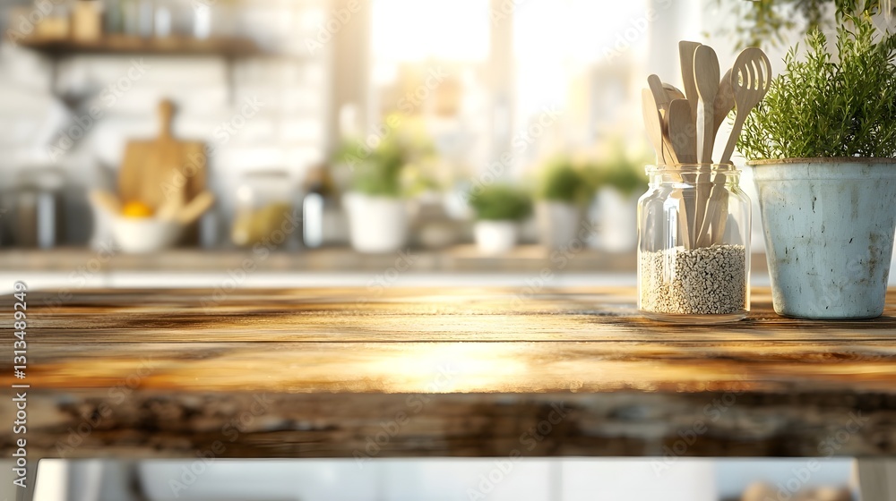 Elegant wooden table top in a cozy home kitchen setting with stylish decor soft natural lighting and a welcoming ambiance Elegant wooden table top in a cozy home kitchen setting with stylish decor soft natural lighting and a welcoming ambiance