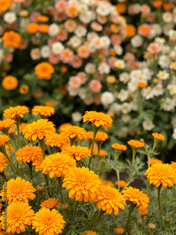 Banner. Marigolds in the garden. Floral background with marigolds. Summer and autumn flowers Banner. Marigolds in the garden. Floral background with marigolds. Summer and autumn flowers
