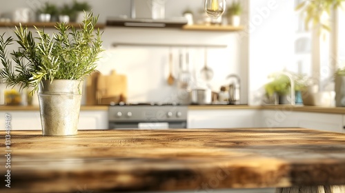 Smooth wooden table surface in a sophisticated luxury kitchen featuring high end finishes a large island and premium appliances  Ideal for product mockups and promotional use
