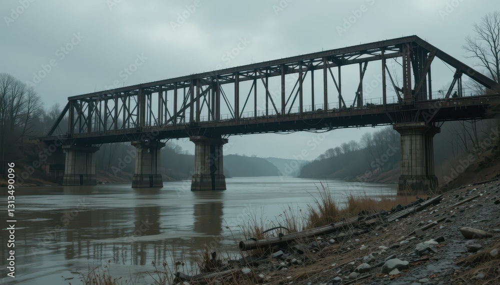 Obraz premium Industrial Train Bridge Over a River in Foggy Weather Landscape