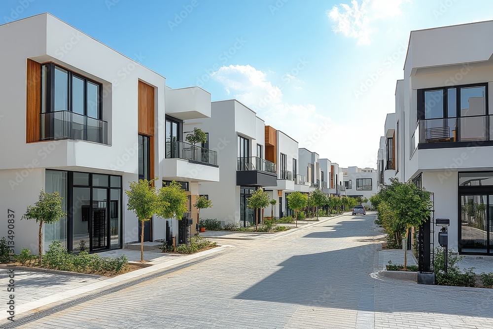 Fototapeta premium Modern townhouses with white walls, black windows, and trees on both sides, captured in a panoramic view under a clear blue sky.