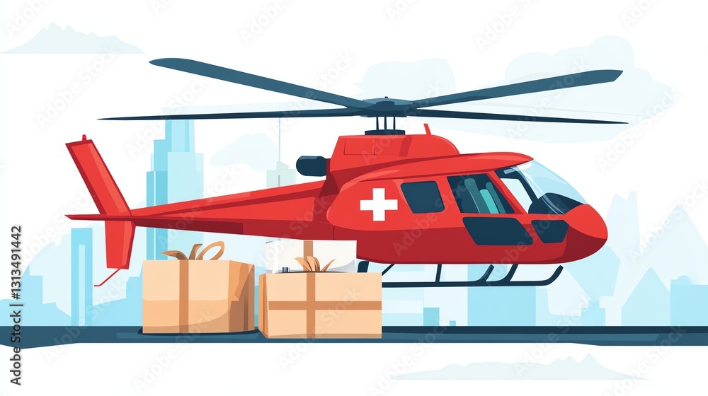 A red helicopter on a helipad, ready to transport medical supplies, set against a city skyline. A red helicopter on a helipad, ready to transport medical supplies, set against a city skyline.