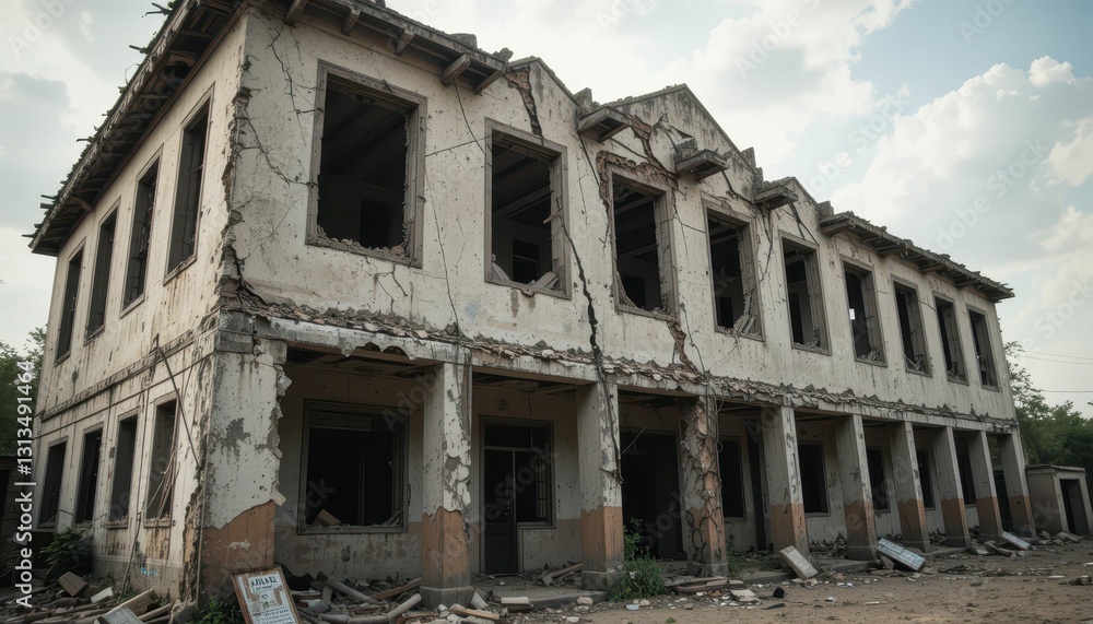 Obraz premium Abandoned Historical Building with Cracked Walls and Broken Windows