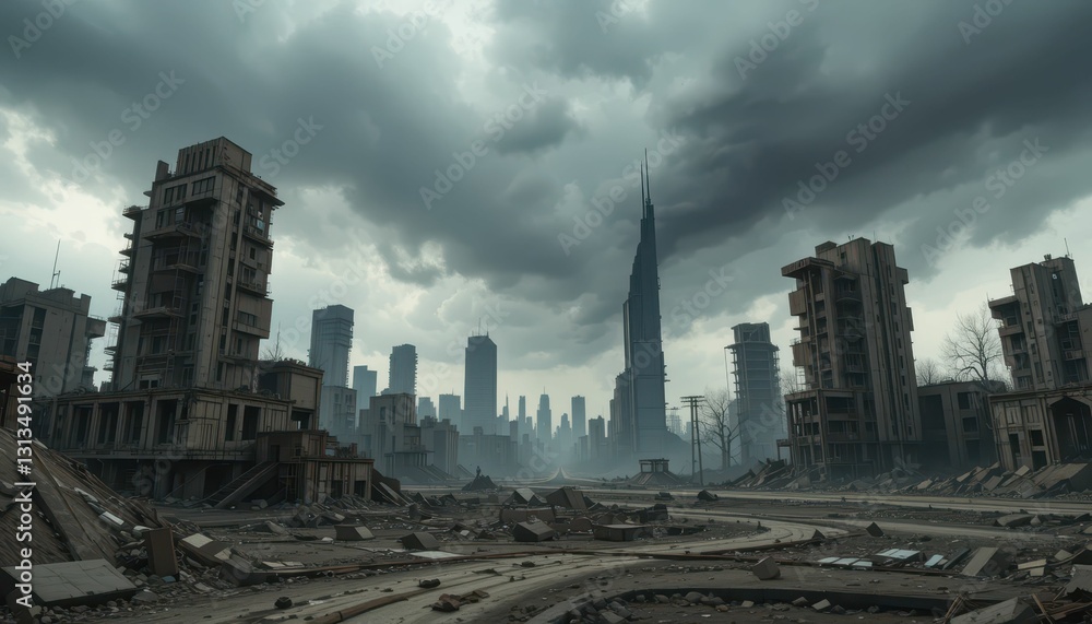Fototapeta premium Dystopian Landscape with Abandoned Buildings and Overcast Sky