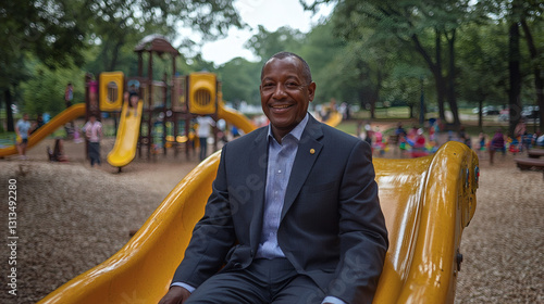 Man in a Suit Enjoying a Slide