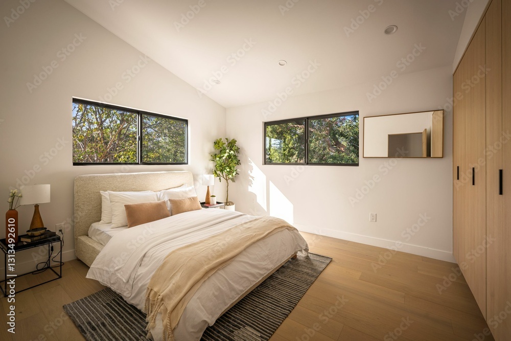 Fototapeta premium Contemporary Bedroom with Large Windows and Modern Decor