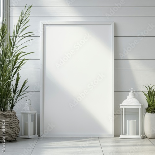 Empty White Framed Poster in a Sunny  Light-Filled Room