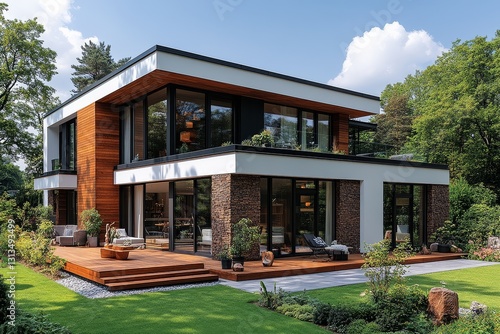 Modern family house in Germany with garden  terrace  gable roof  white walls  wood accents  and green trees under a blue sky.