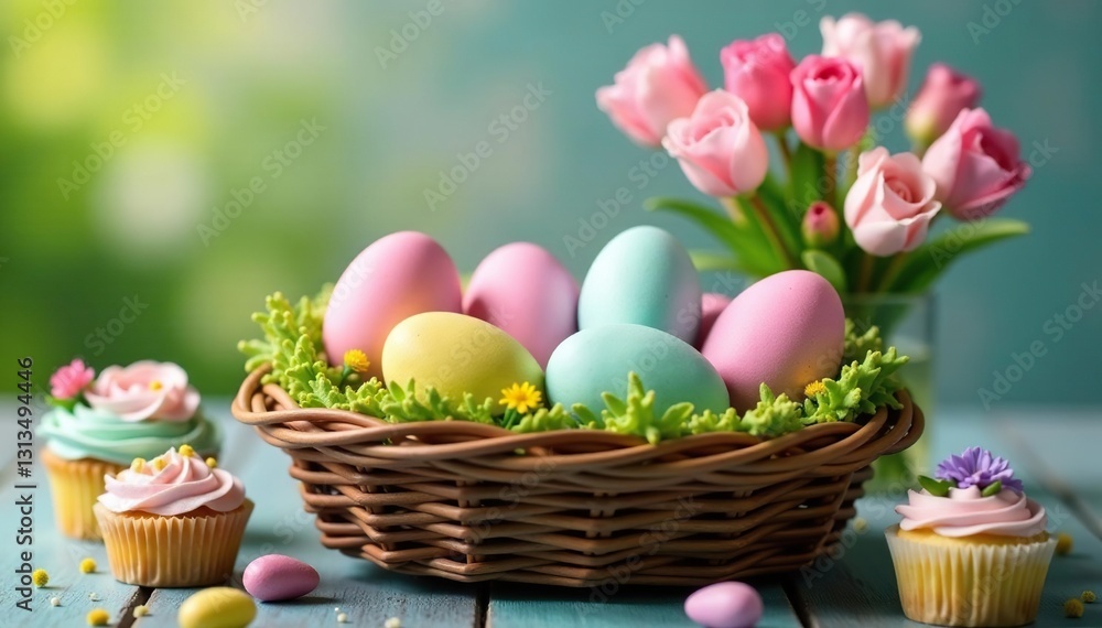 Pastel eggs in rustic basket, spring flowers, Easter cupcakes , cute, background