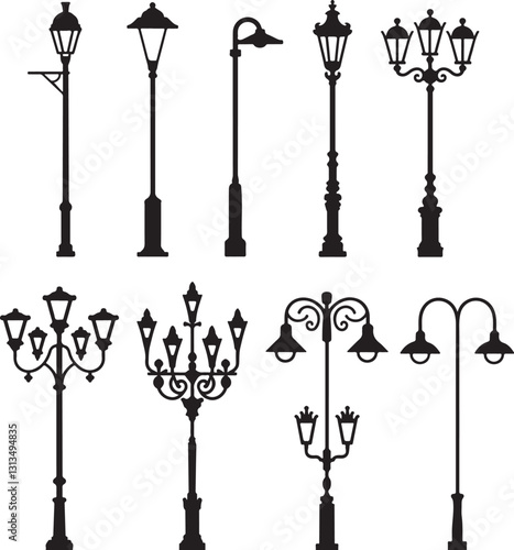 Vintage street lamp silhouette vector set featuring classic lantern styles for urban 