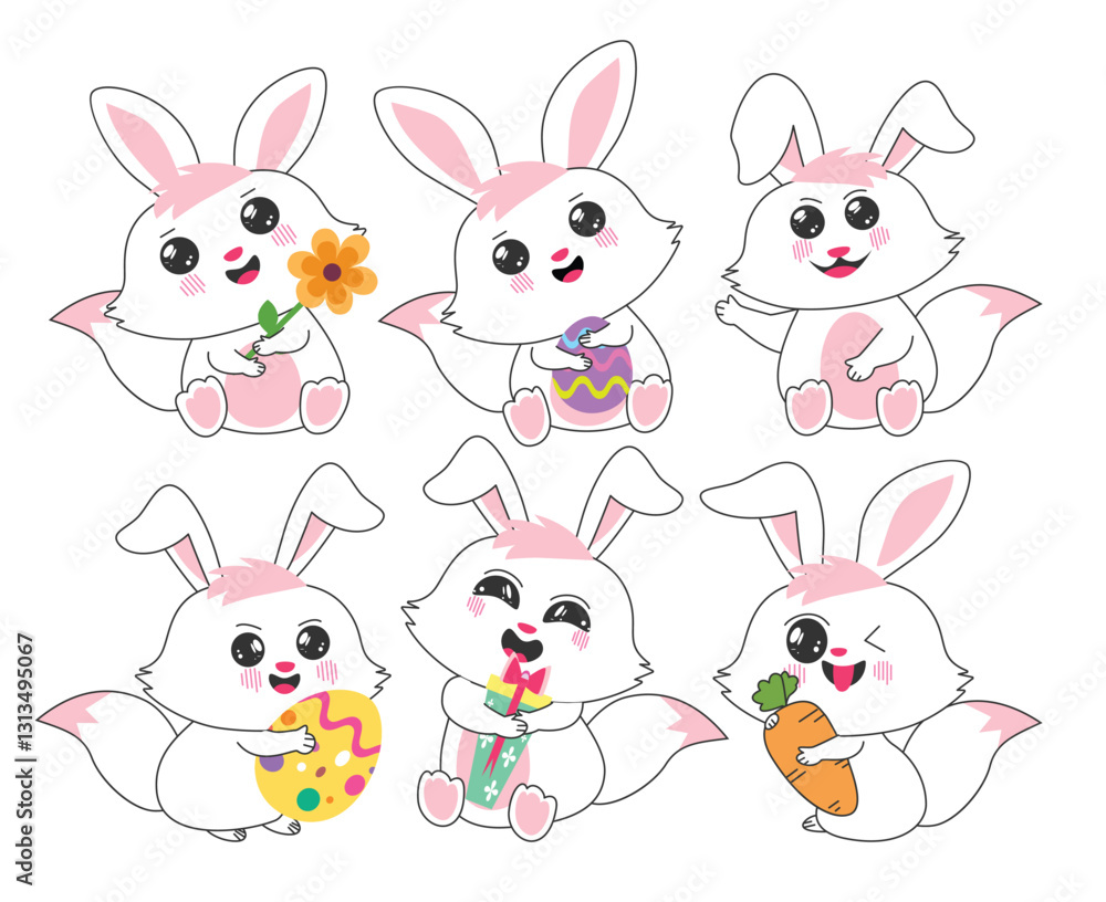 Easter bunny clipart drawing set. Cute pink rabbit clip art in happy face, funny pose, standing and holding flower, easter egg, gift and carrots decorative cartoon elements collection in flat outline Easter bunny clipart drawing set. Cute pink rabbit clip art in happy face, funny pose, standing and holding flower, easter egg, gift and carrots decorative cartoon elements collection in flat outline