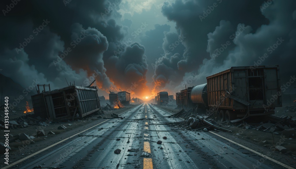 Desolate Landscape with Destruction and Dark Clouds at Sunset Desolate Landscape with Destruction and Dark Clouds at Sunset