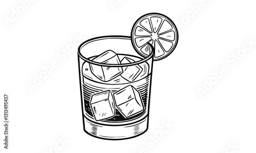 Whiskey glass with ice cube vector illustration, hand drawn style, detailed vector, monochrome design, minimalist design, isolated on a white background