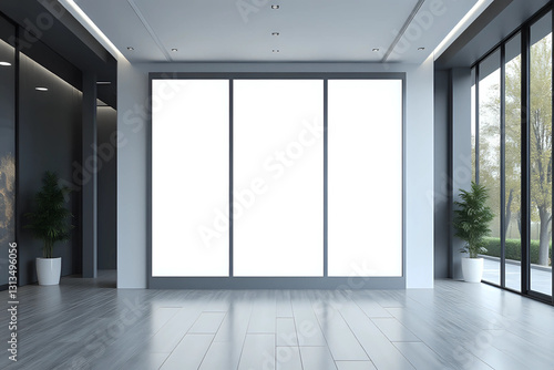 Triple Vertical digital Poster Mockup background in Sleek Modern Interior. Blank white showcase screen on a wall inside an urban building. Empty advertisement display media panels for promotion