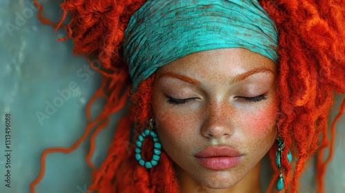 Woman with Fiery Red Hair and a Turquoise Headband