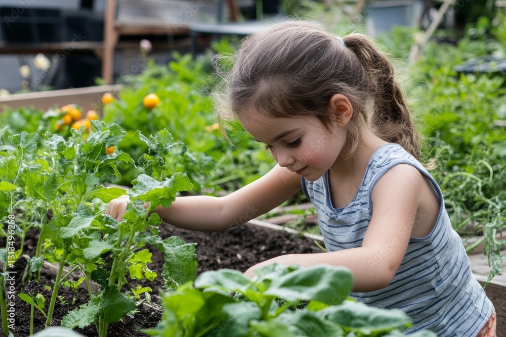 Young Girl Engaging in Gardening Activities with Fresh Greens Young Girl Engaging in Gardening Activities with Fresh Greens