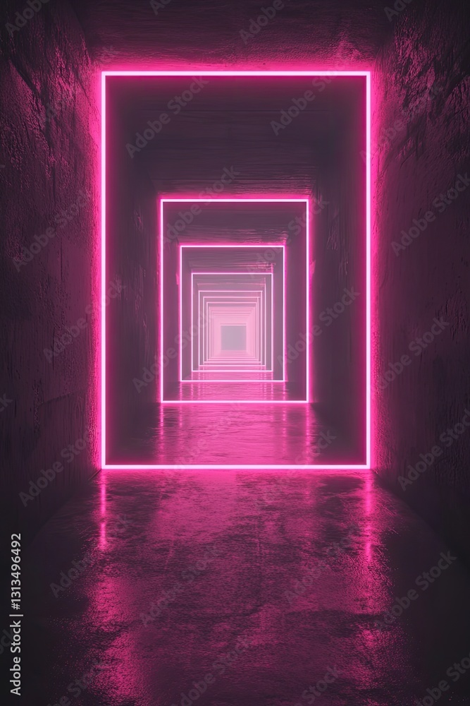 Neon pink tunnel in dark concrete space Neon pink tunnel in dark concrete space