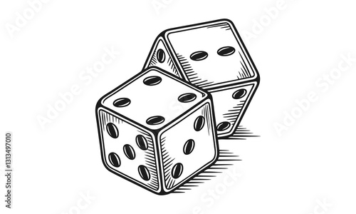 Vintage dice illustration, hand drawn sketch, detailed vector, monochrome design, minimalist design, isolated on a white background