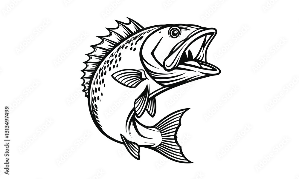 Bass fish vector illustration, hand drawn design, monochrome design, fishing concept, isolated on a white background Bass fish vector illustration, hand drawn design, monochrome design, fishing concept, isolated on a white background