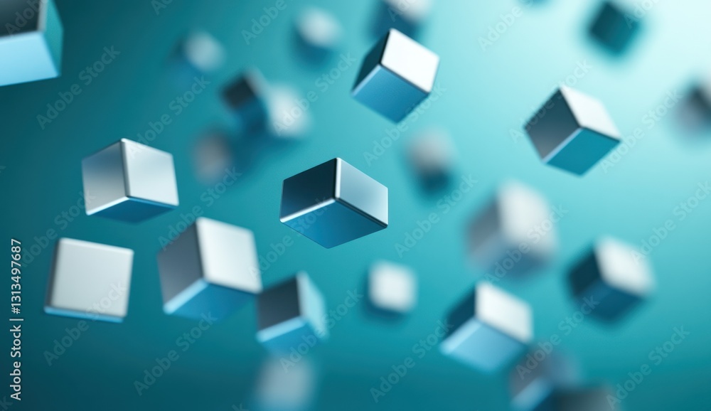 Abstract 3D rendering of floating metallic cubes on teal background. Abstract 3D rendering of floating metallic cubes on teal background.