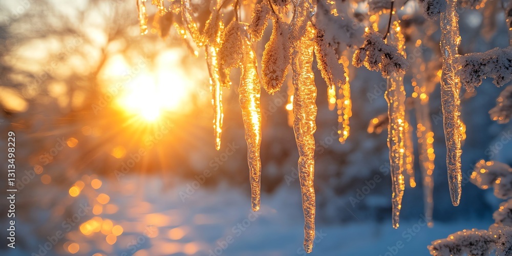 Stunning Winter Sunshine Lighting Up Icicles Hanging from Branches Stunning Winter Sunshine Lighting Up Icicles Hanging from Branches