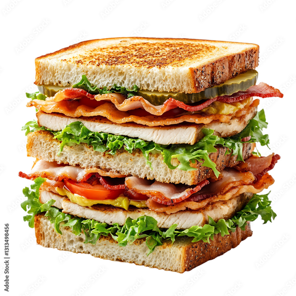 A Crunchy Club Sandwich with Turkey Bacon Layers Isolated on Transparent Background A Crunchy Club Sandwich with Turkey Bacon Layers Isolated on Transparent Background