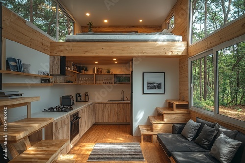 Modern minimalist interior of a tiny house with an open kitchen  cozy black sofa  wooden staircase  and large window offering a view of nature.