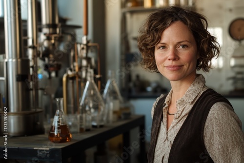 Female Scientist in Laboratory with Glassware and Equipment