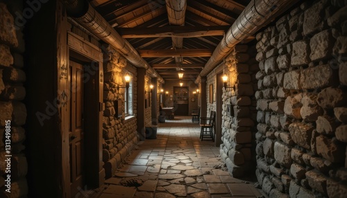 Cozy Stone Corridor with Warm Lighting in Rustic Lodge