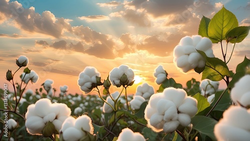 A close-up view of a hand gently holding a cotton plant, featuring fluffy white cotton bolls and green leaves.