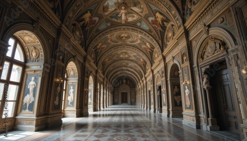 Elegant Historic Hallway with Intricate Ceilings and Archways