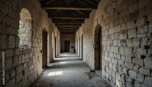 Abandoned Stone Corridor with Arched Doorways and Natural Light
