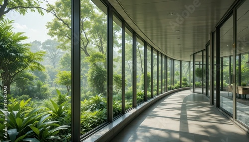 Serene Indoor Pathway Surrounded by Lush Greenery and Light