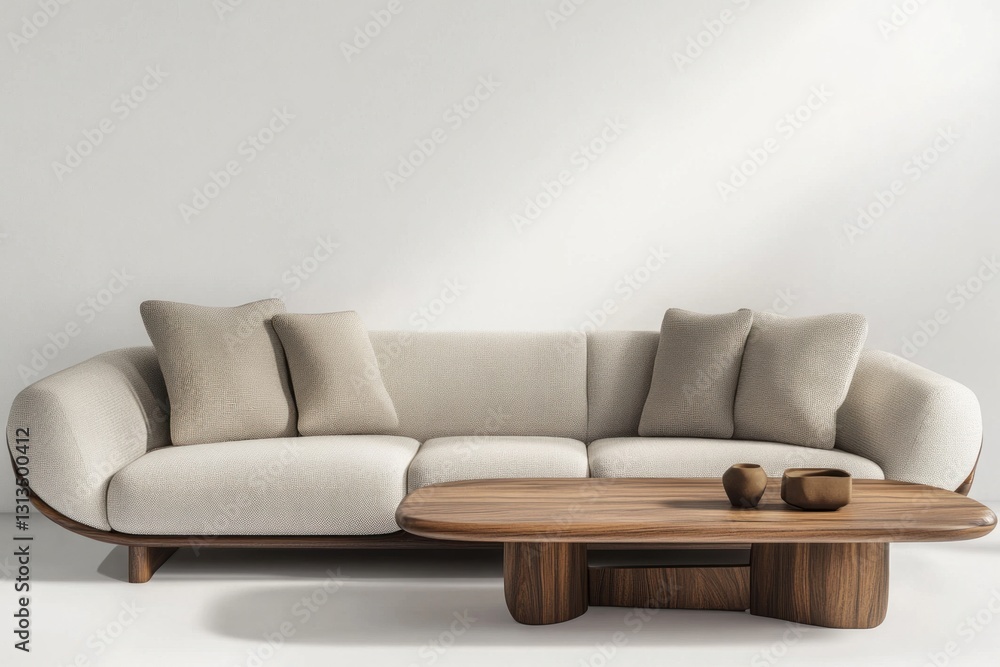 Fototapeta premium Modern beige sofa and wood coffee table in minimalist living room