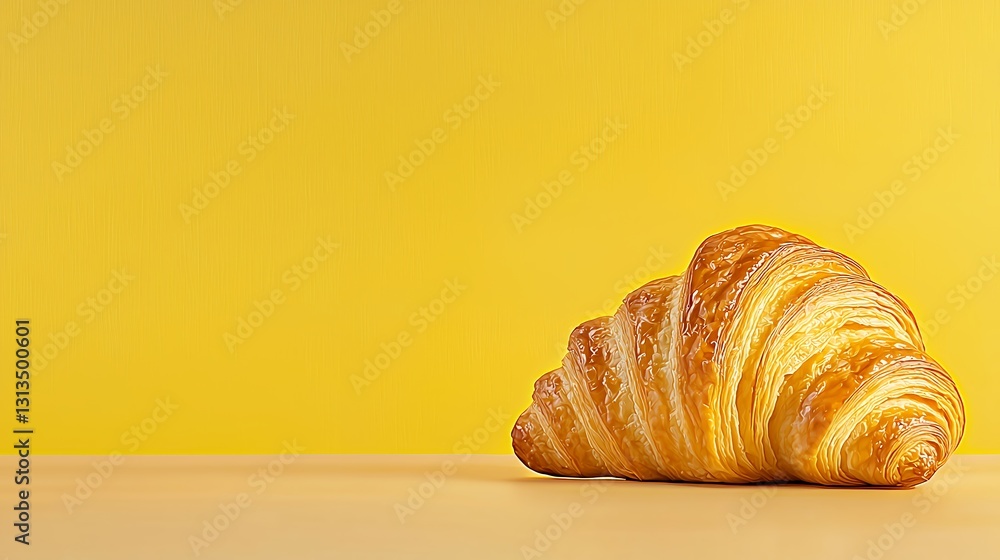 A beautifully baked croissant with a golden brown color resting on a wooden surface against a vibrant yellow background creating an inviting atmosphere. A beautifully baked croissant with a golden brown color resting on a wooden surface against a vibrant yellow background creating an inviting atmosphere.
