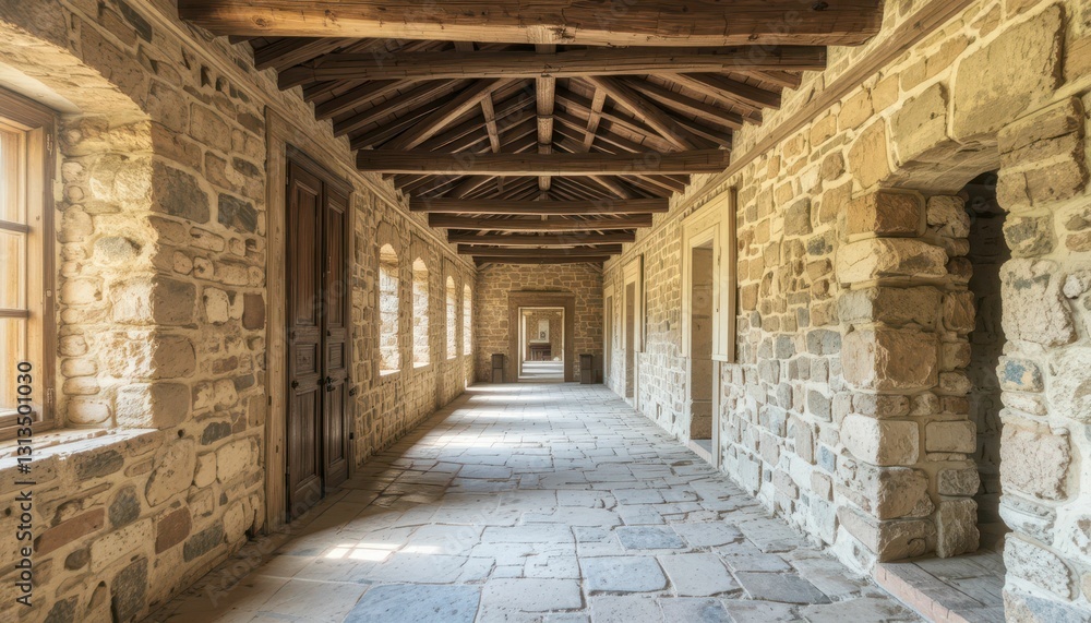 Serene Stone Corridor with Wooden Beams in Historic Building Serene Stone Corridor with Wooden Beams in Historic Building