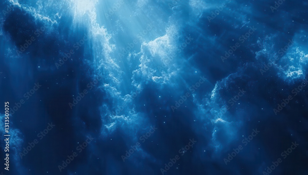 Fototapeta premium Majestic Deep Blue Sky with Clouds and Radiant Light Beams Illuminating the Atmosphere in a Dreamlike Abstract Scene of Nature's Beauty