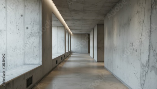 Modern Minimalist Corridor with Concrete Walls and Soft Lighting