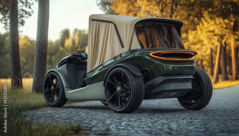Modern Electric Vehicle with Open Cabin in Nature Setting - Eco-Friendly Transport Modern Electric Vehicle with Open Cabin in Nature Setting - Eco-Friendly Transport
