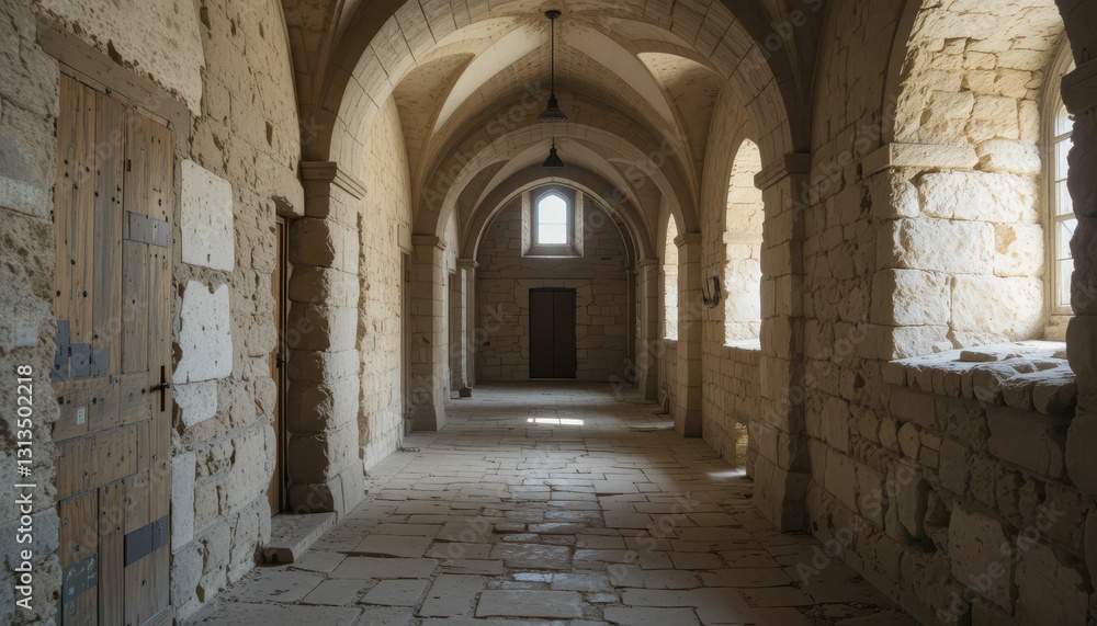 Fototapeta premium Serene Stone Corridor with Arched Ceilings and Natural Light