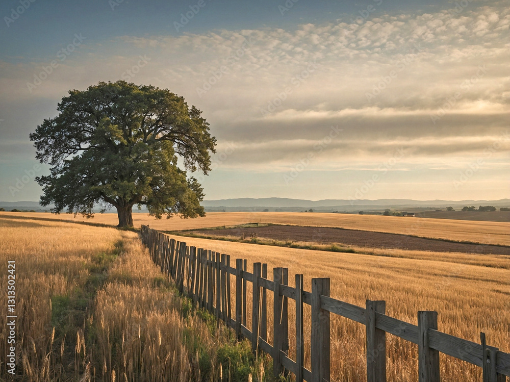 Obraz premium Rural Farm Fence with a Lone Tree in the Distance