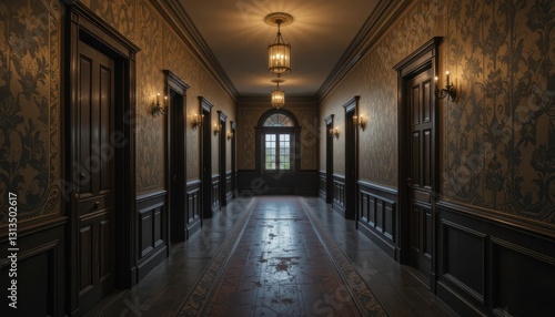 Elegant Vintage Hallway with Decorative Walls and Warm Lighting
