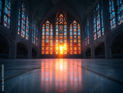 A grand cathedral        s stained glass windows reflecting vivid colors onto a polished marble floor  sacred atmosphere  warm golden light  intricate gothic details  spiritual essence  high dynamic range 