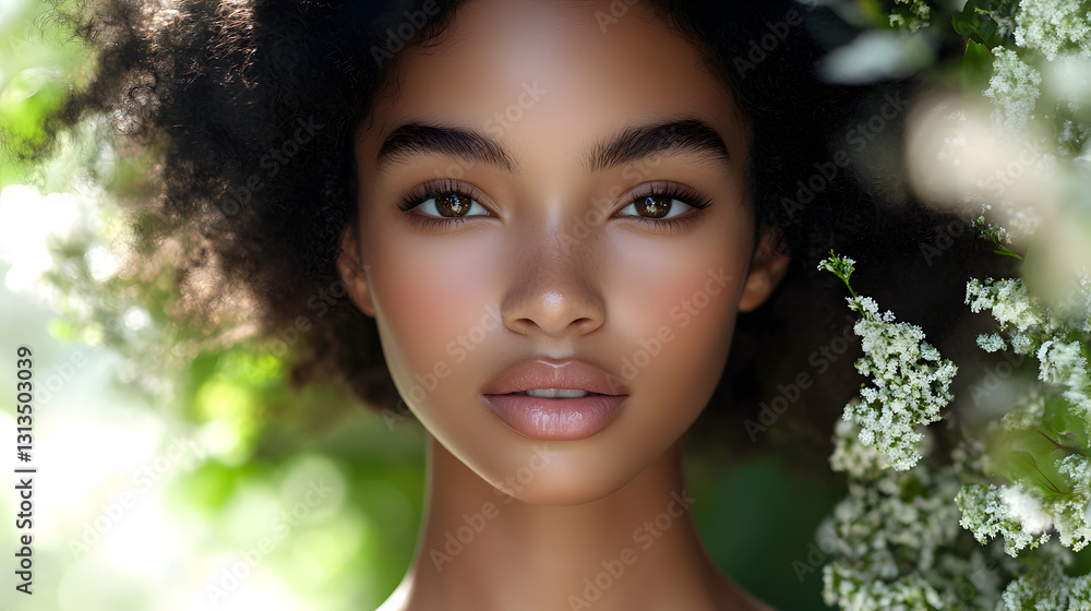 Beautiful Woman with Afro Flowers Natural Beauty Portrait Beautiful Woman with Afro Flowers Natural Beauty Portrait