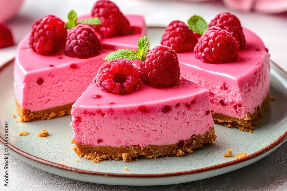 A beautifully arranged raspberry cheesecake on a plate, garnished with fresh raspberries and mint A beautifully arranged raspberry cheesecake on a plate, garnished with fresh raspberries and mint