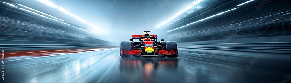 Naklejka premium A high-speed shot of a Formula 1 car reflected in a rain-soaked track under stadium lights, adrenaline-fueled action, sleek modern design, motion blur effect, hyper-realistic detail, sports