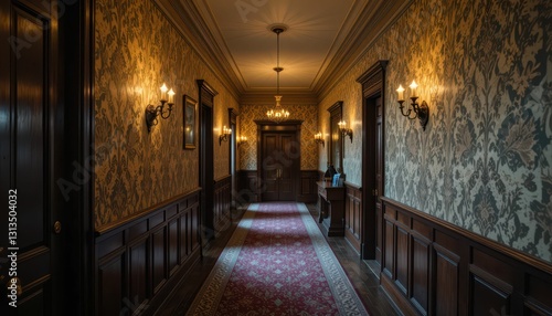 Elegant Vintage Corridor with Intricate Wallpaper and Lighting Fixtures