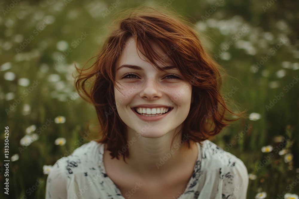 Smiling Woman in Floral Field with Soft Natural Light and Green Grass Smiling Woman in Floral Field with Soft Natural Light and Green Grass